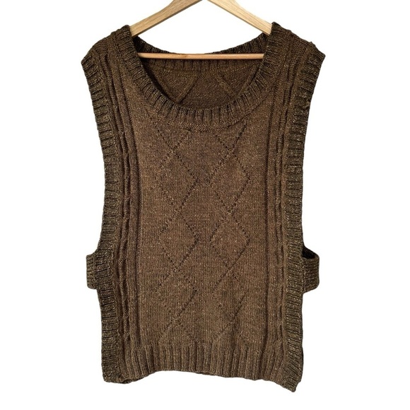 Unique Open Side Pullover Cableknit Sweater Vest, Brown, Medium Large - Picture 9 of 14